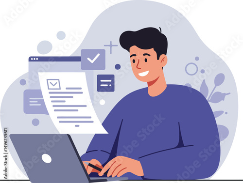 Young man working on laptop with digital documents and notifications in modern flat style vector illustration 