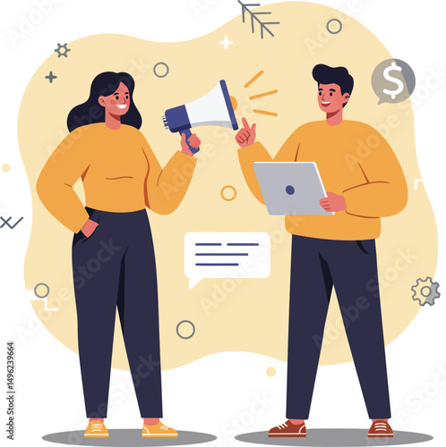 Young man and woman using megaphone and laptop for communication and business discussion in yellow and black outfit vector illustration 