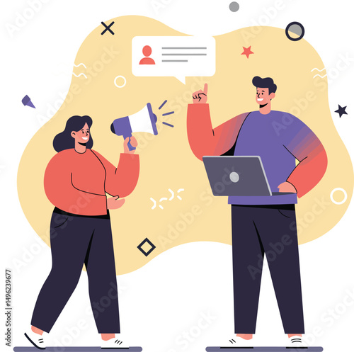 Man and woman discussing business communication with laptop and megaphone in modern flat style vector illustration 