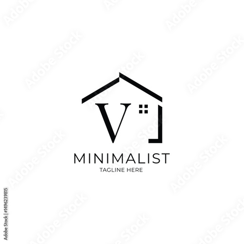 Simple and minimalist house logo with letter V. Logo template for real estate, architecture, and construction company