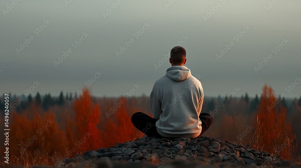 Fototapeta premium A solitary figure meditating on a rocky outcrop during sunset, surrounded by vibrant autumn foliage