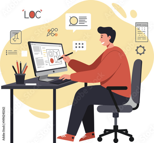 Man working on digital design project at computer desk with creative workspace illustration