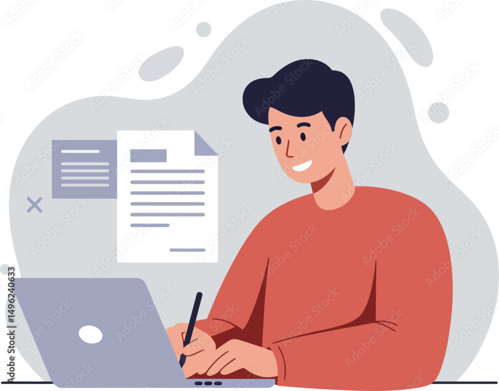 Young man working on laptop and writing notes with documents in background vector illustration Young man working on laptop and writing notes with documents in background vector illustration