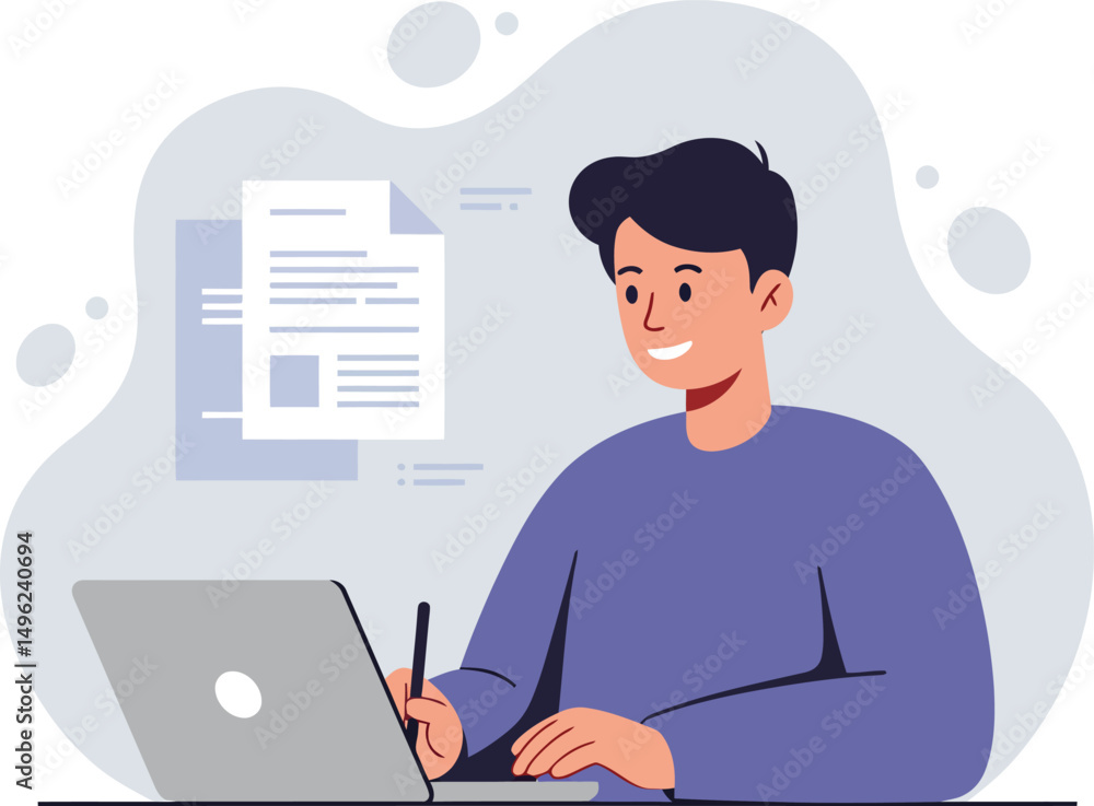 Young man working on laptop writing notes with digital pen in casual setting vector illustration Young man working on laptop writing notes with digital pen in casual setting vector illustration