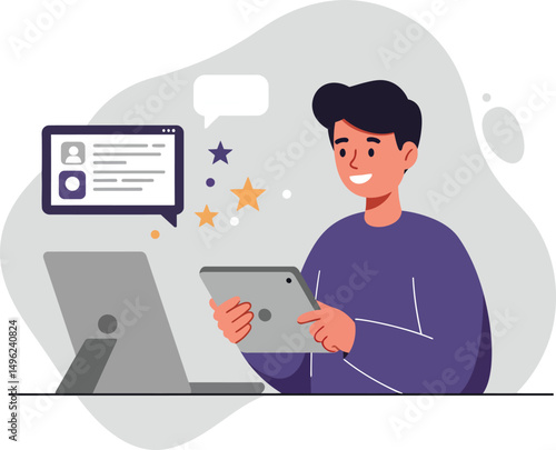 Young man using tablet and desktop computer for online communication and feedback interaction vector illustration 