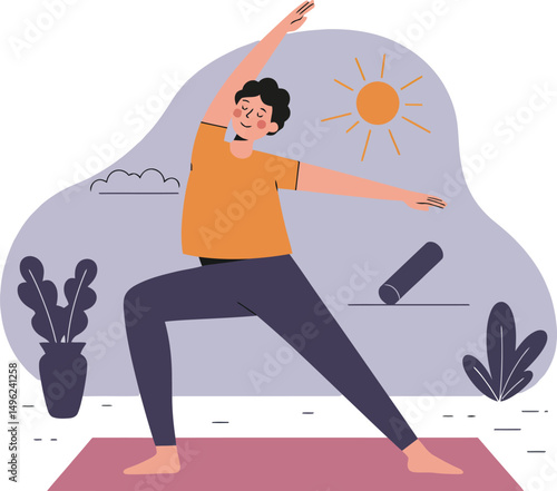 Young man practicing yoga at home in bright room with plants and sunlight vector illustration 