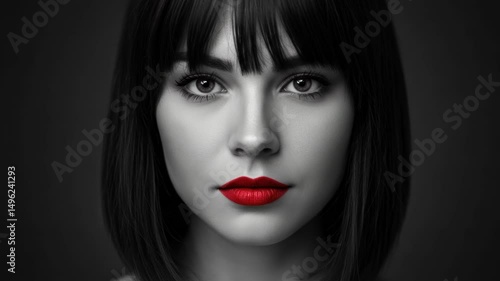 Wallpaper Mural Striking Portrait of a Woman with Red Lips in Monochrome Setting Creates Drama Torontodigital.ca