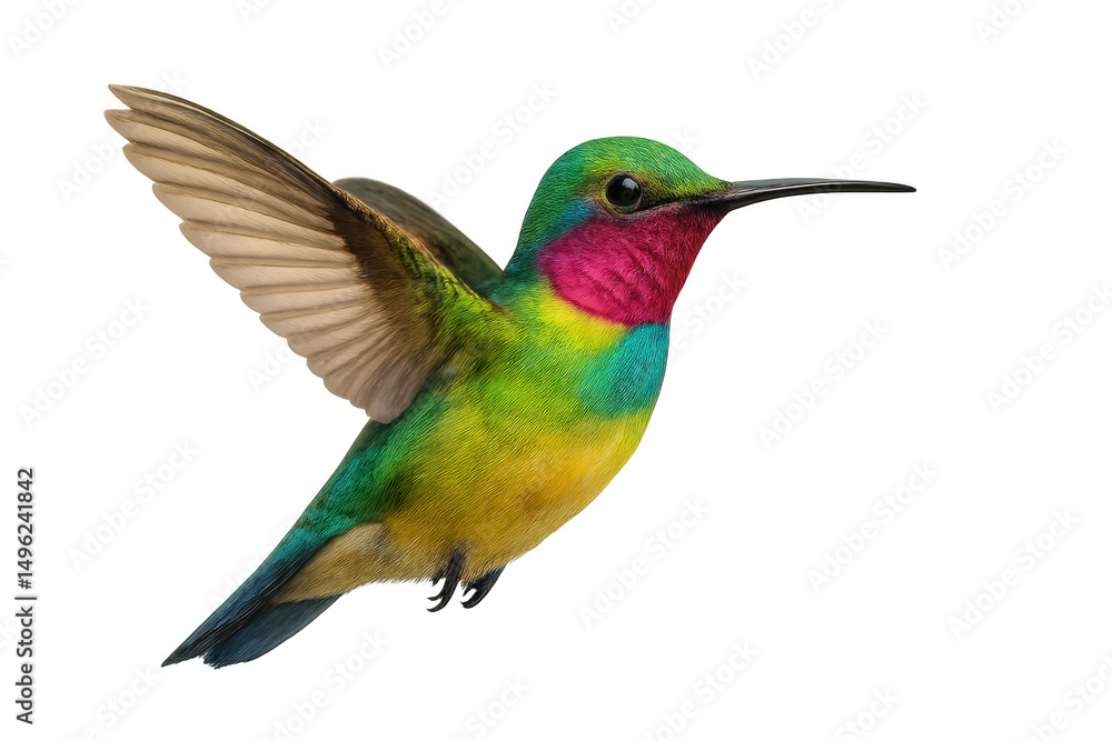 Fototapeta premium Vibrant hummingbird hovers in mid-air, its colorful plumage on full display against a transparent background