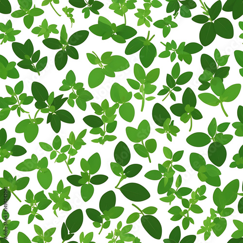 Green leaves plant vector pattern of fresh culinary herbs including basil, rosemary, parsley, thyme, oregano, and mint leaves, minimal style, green tones, clean white background, soft shadows, modern 