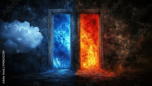 Wallpaper Mural Two opposing doorways, one emanating icy blue flames and the other fiery orange ones, set against a dark, textured backdrop with a cloud suggesting contrasting elements Torontodigital.ca