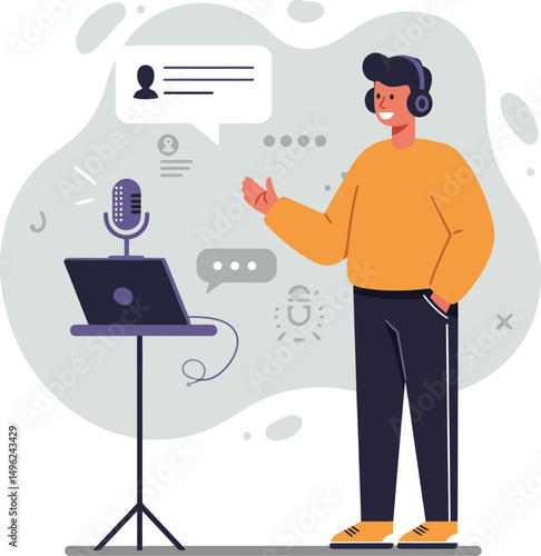 Person recording podcast with microphone and laptop using headphones in casual outfit vector illustration 