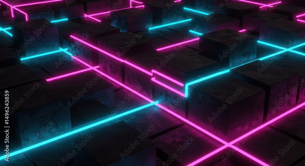 Obraz premium Abstract neon grid of dark cubes