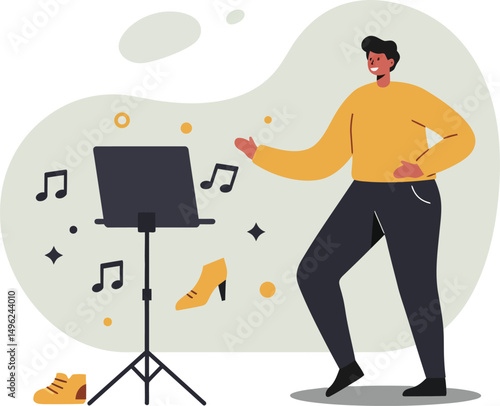Man dancing beside music stand with musical notes and shoes vector illustration for leisure and entertainment activities 