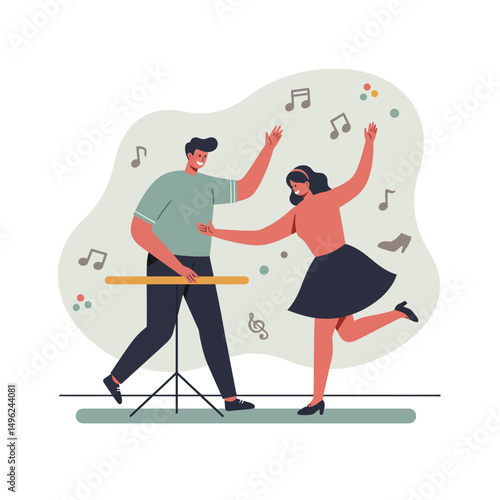 Couple dancing happily to music notes illustration with man and woman enjoying dance activity indoors 