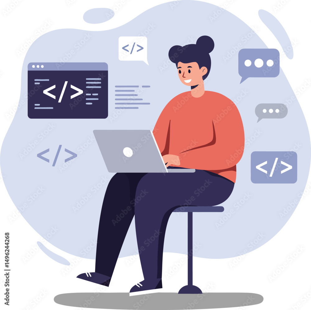 Person sitting on chair coding on laptop with programming symbols and chat bubbles around workspace vector illustration Person sitting on chair coding on laptop with programming symbols and chat bubbles around workspace vector illustration