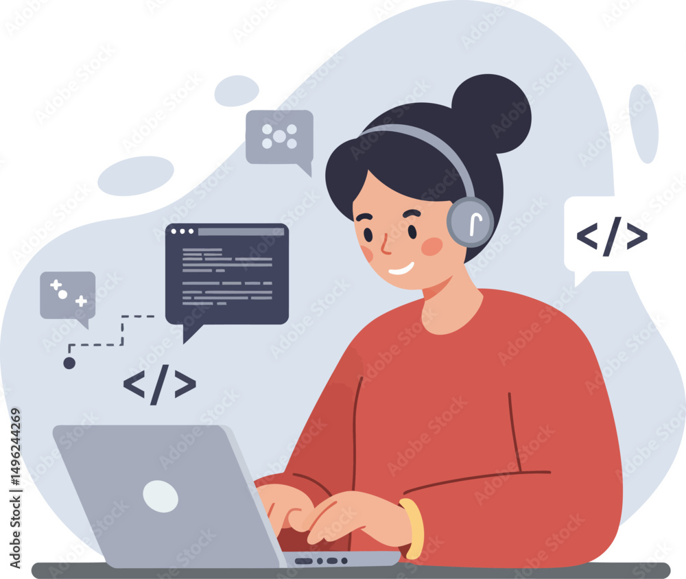 Woman programming on laptop with headset coding software development vector illustration Woman programming on laptop with headset coding software development vector illustration