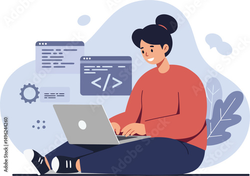 Woman programmer coding on laptop with code snippets and gears technology illustration in casual outfit 