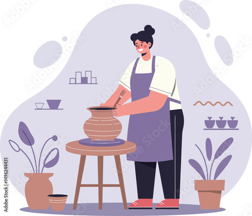 Pottery making artist shaping clay on wheel in creative studio with plants and ceramic items vector illustration 
