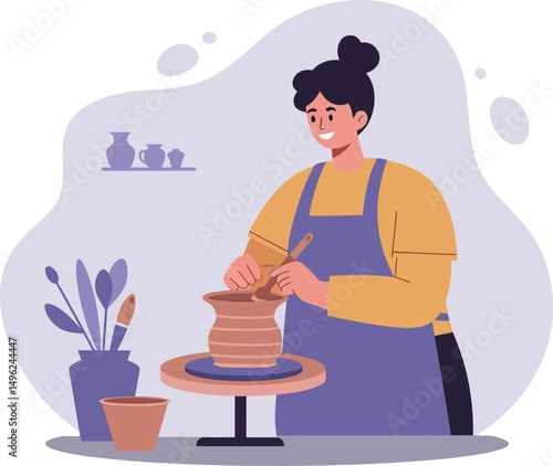 Woman shaping clay on pottery wheel in creative workshop with plants and tools vector illustration 