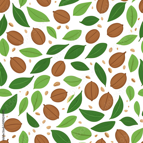 Shea nut and leaves seamless repeating pattern