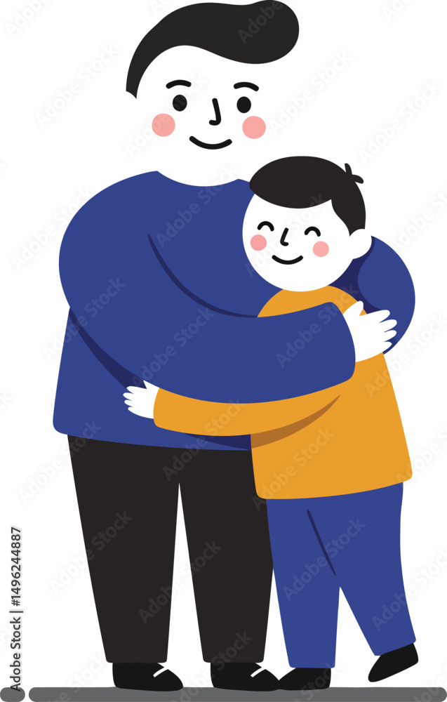 Father and son hugging in affectionate family moment vector illustration with blue and orange clothing Father and son hugging in affectionate family moment vector illustration with blue and orange clothing