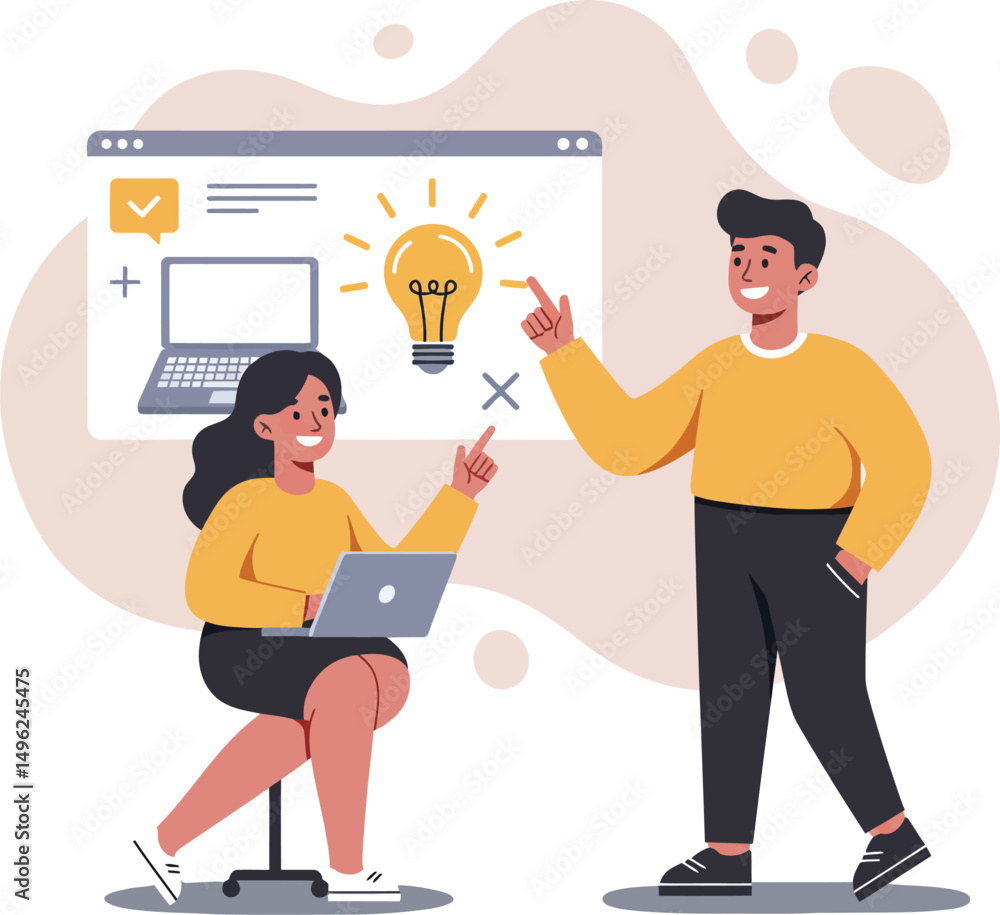 Two people collaborating on business idea with laptop and light bulb concept vector illustration Two people collaborating on business idea with laptop and light bulb concept vector illustration