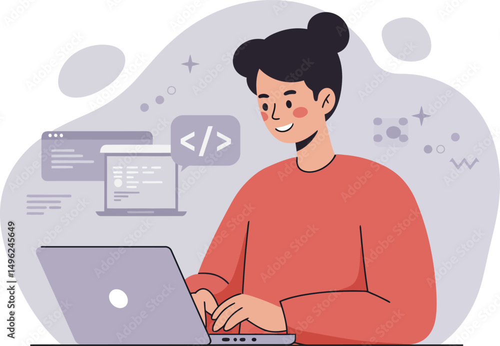Female programmer working on laptop coding software development technology vector illustration Female programmer working on laptop coding software development technology vector illustration
