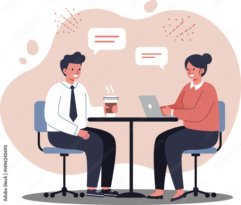 Two business people having conversation and coffee at table in office setting vector illustration Two business people having conversation and coffee at table in office setting vector illustration