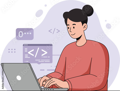 Woman Programming on Laptop Typing Code in Casual Red Sweater at Desk Vector Illustration 