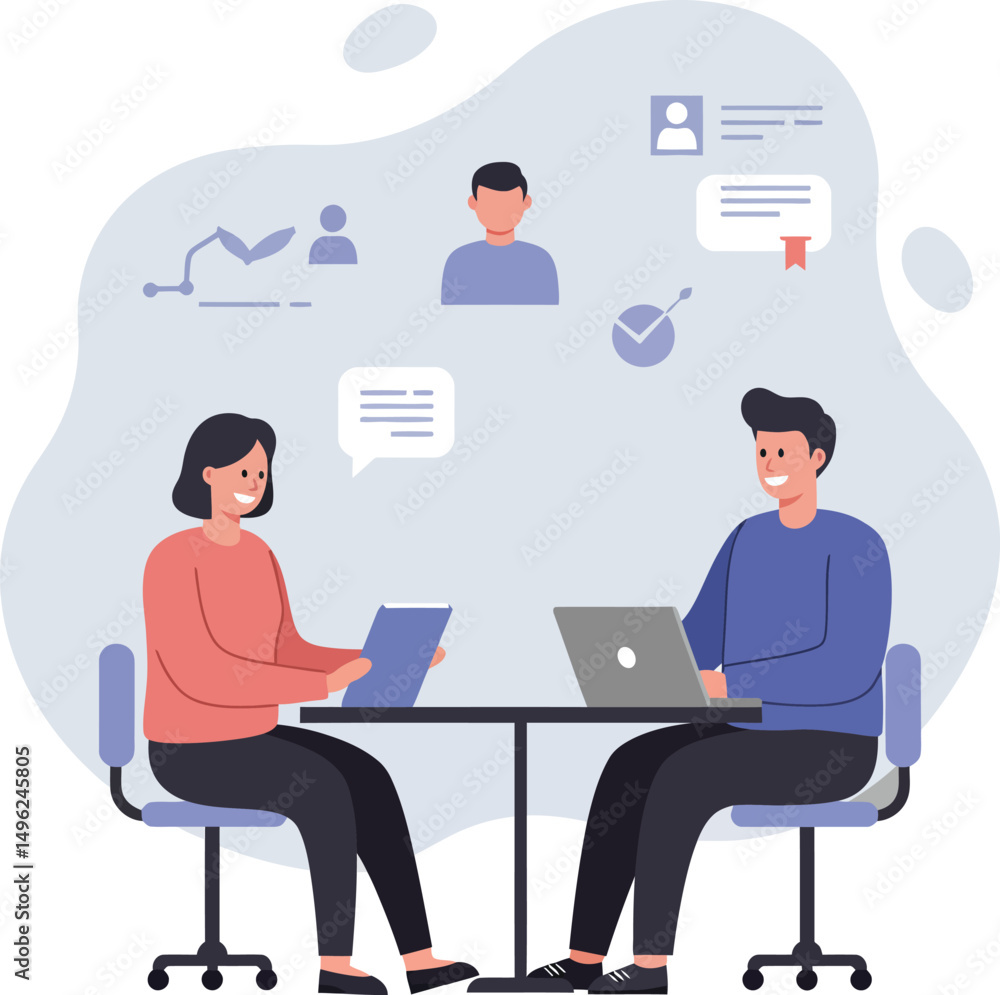 Two people working together on laptops in a collaborative office environment vector illustration Two people working together on laptops in a collaborative office environment vector illustration