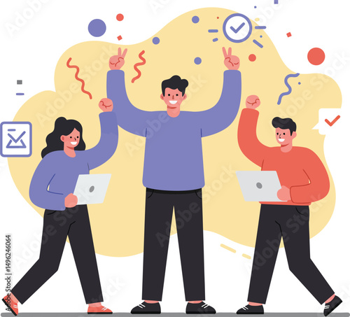 Group of diverse people celebrating success with laptops and confetti in casual clothing vector illustration 