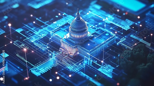 financial data, government building, digital. Futuristic digital illustration of a government building integrated with glowing circuit-like technology and data connections.