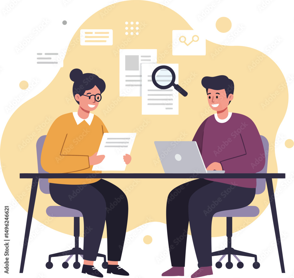 Two people sitting at table working together on laptop and documents in casual office environment vector illustration Two people sitting at table working together on laptop and documents in casual office environment vector illustration