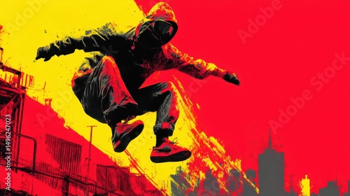 Action illustration of a hooded figure jumping over a city.