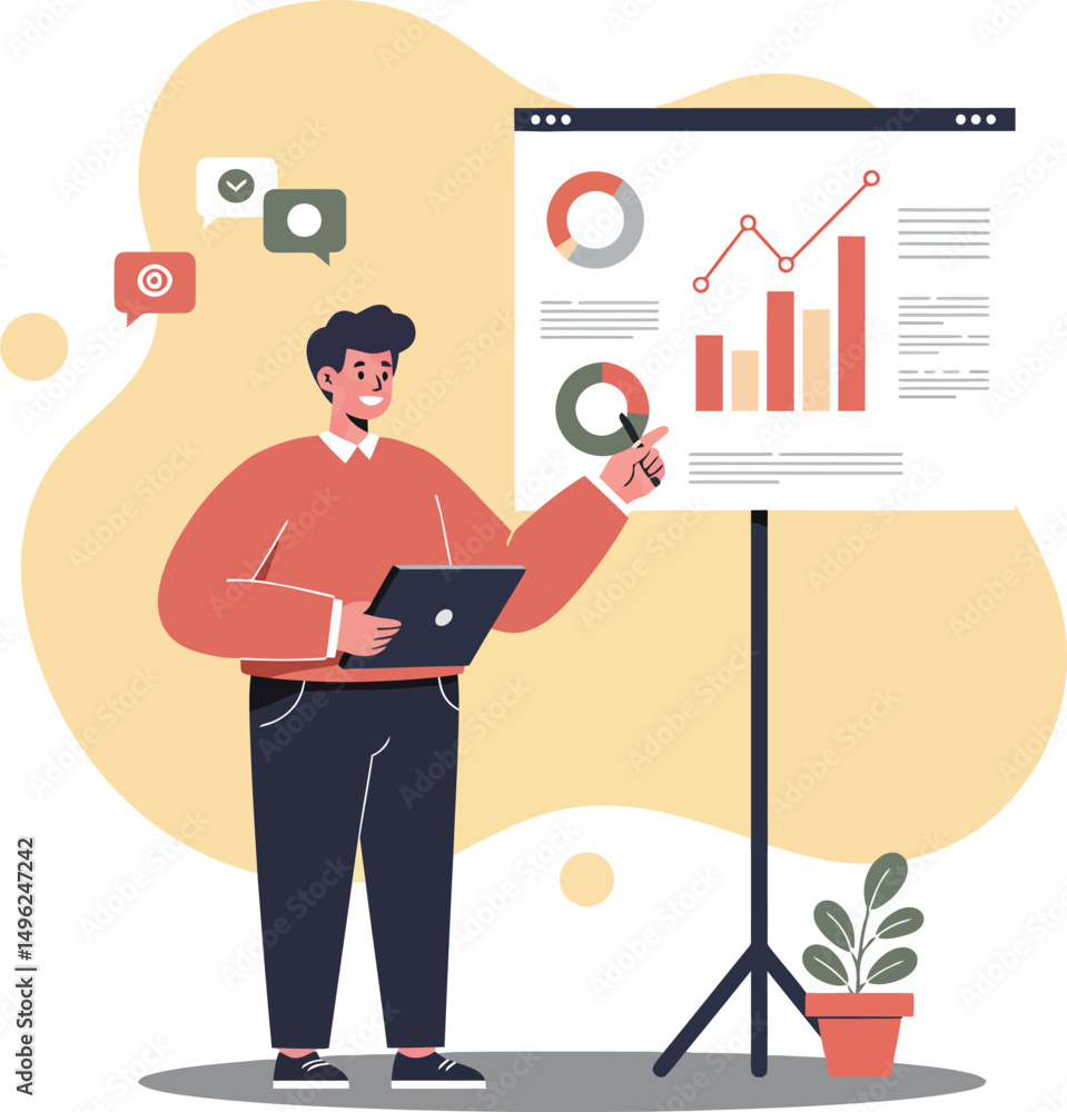 Man presenting business data using laptop and chart analytics in modern office setting vector illustration Man presenting business data using laptop and chart analytics in modern office setting vector illustration