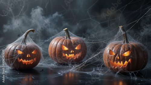 AI generated image of grey smoke and spiderwebs and evil Pumkin faces. Halloween background