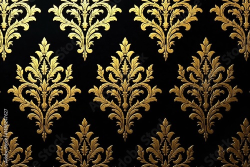 Large-scale damask pattern with swirling acanthus leaves, gold on black , home, damask