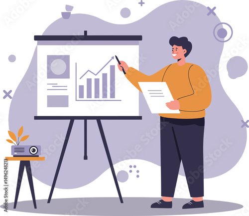 Businessman presenting financial chart with projector and paper in office vector illustration 