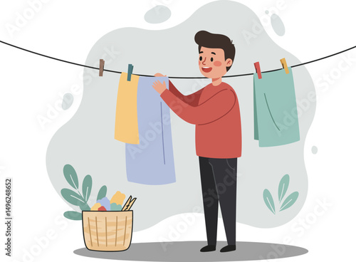 Man hanging laundry on clothesline with clothespins in casual outdoor scene vector illustration 