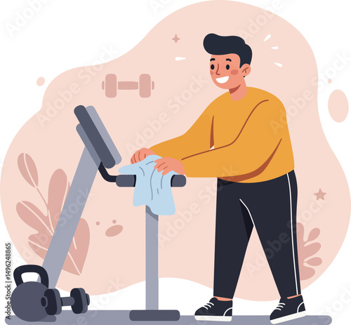 Young man exercising on stationary bike indoor fitness workout with kettlebell and dumbbell vector illustration 