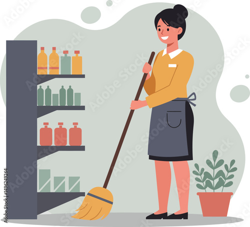 Woman Sweeping Floor Near Store Shelves in Apron Cleaning Retail Space Vector Illustration 