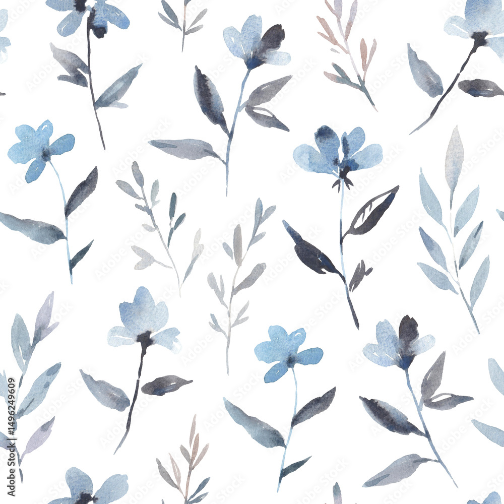 Fototapeta premium Watercolor seamless pattern with blue indigo floral elements. Artistic print for design and textile.