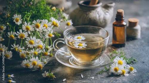 Herbal Tea and Chamomile Flowers with Essential Oils on Rustic Table for Relaxation and Wellness in Natural Setting