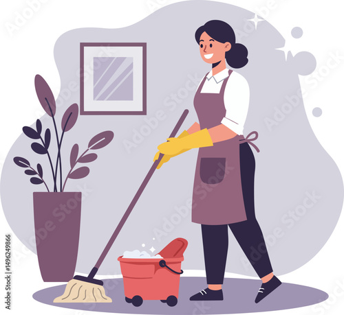 Woman cleaning floor with mop and bucket in casual modern home interior vector illustration 