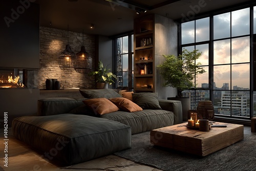 Elegant open plan living room interior muted decor organic layout soft shadows pure design