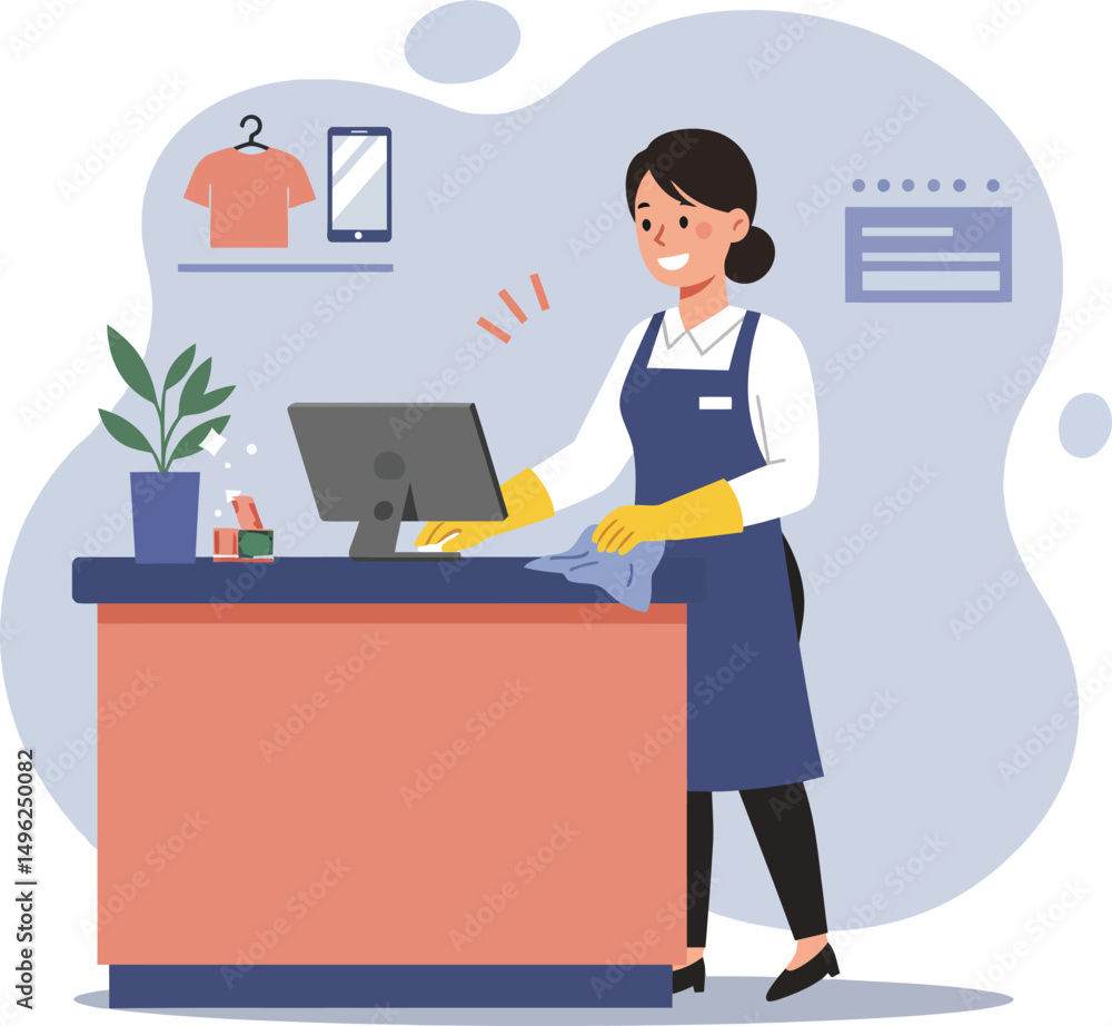 Female retail worker cleaning counter in store with apron and gloves illustration vector Female retail worker cleaning counter in store with apron and gloves illustration vector