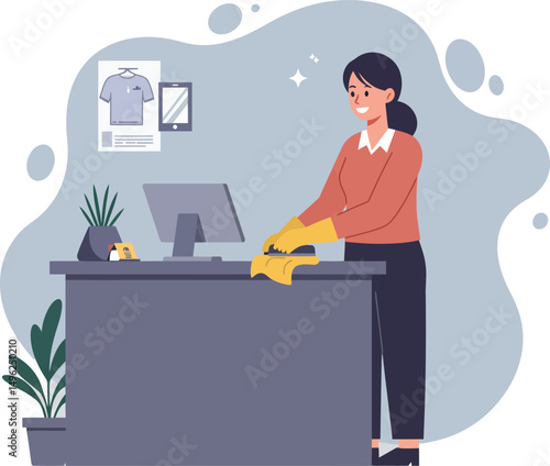 Woman cleaning office desk with cloth and gloves in tidy workspace vector illustration 