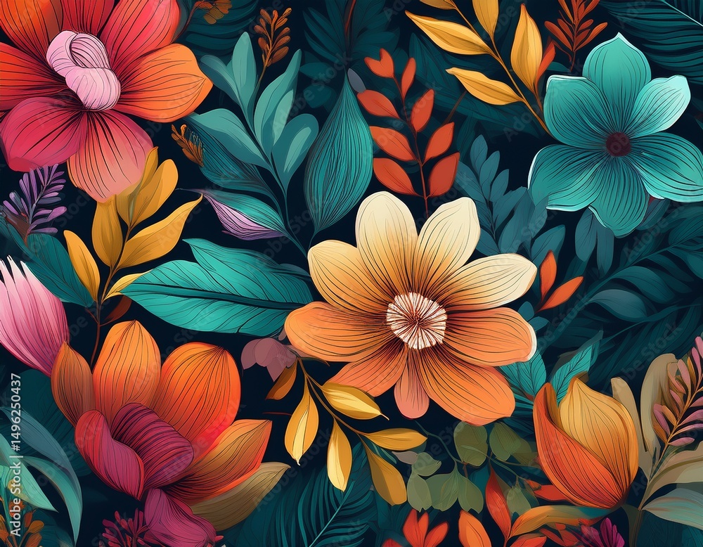 Fototapeta premium floral delight a seamless pattern of nature inspired flowers and leaves in a colorful and modern design