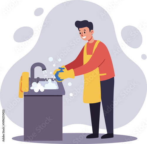 Man washing dishes with yellow apron and blue gloves indoor kitchen cleaning vector illustration 