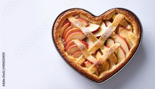 apple pie or apple cake with heart shape on white background